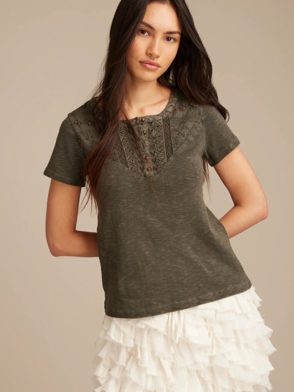 Lucky Brand Cutwork Henley Tee